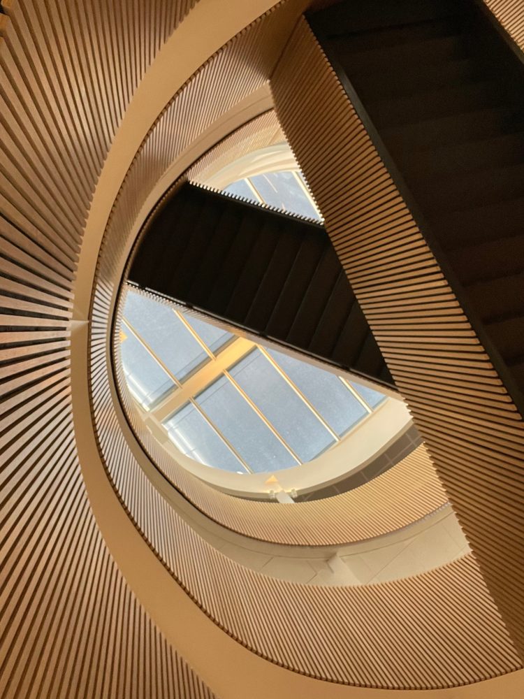 Looking up through a curved timber-slatted atrium to a skylight